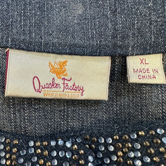 Quacker Factory Womens XL Denim Jacket Rhinestone Studded Button Front Blue Dark - Picture 3 of 8